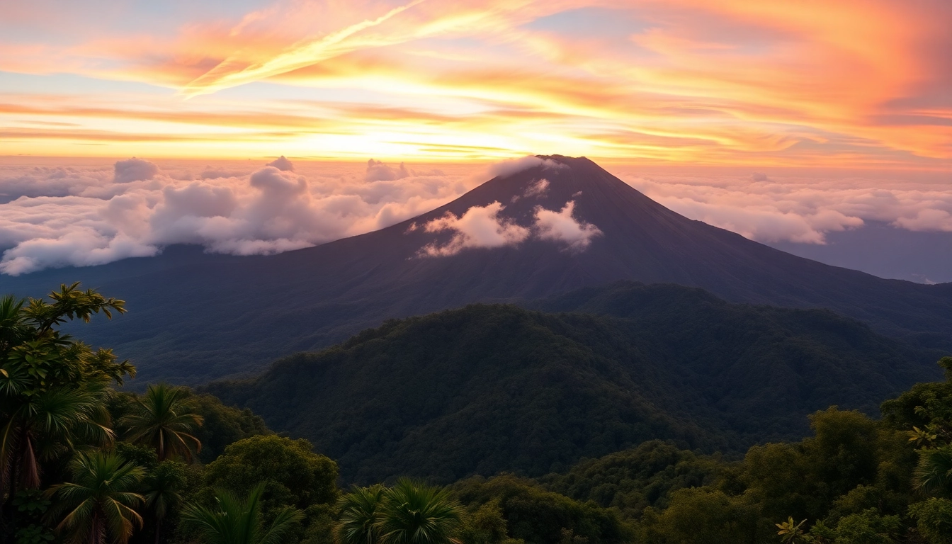 Majestic Mount Rinjani with volcanic crater and surrounding rainforest, showcasing Indonesia's iconic volcano landscape for outdoor adventure enthusiasts.