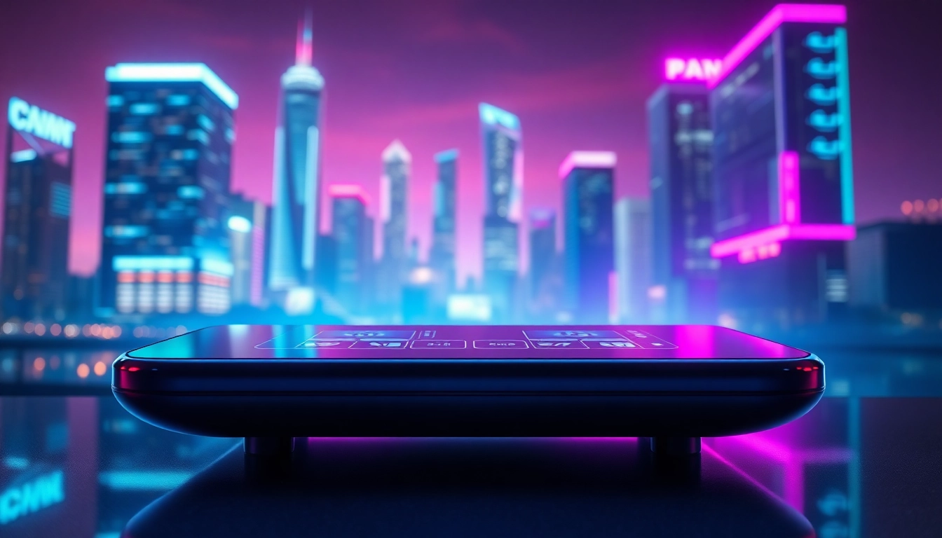 Futuristic AI chatbot interface with neon accents and a cyberpunk cityscape background.