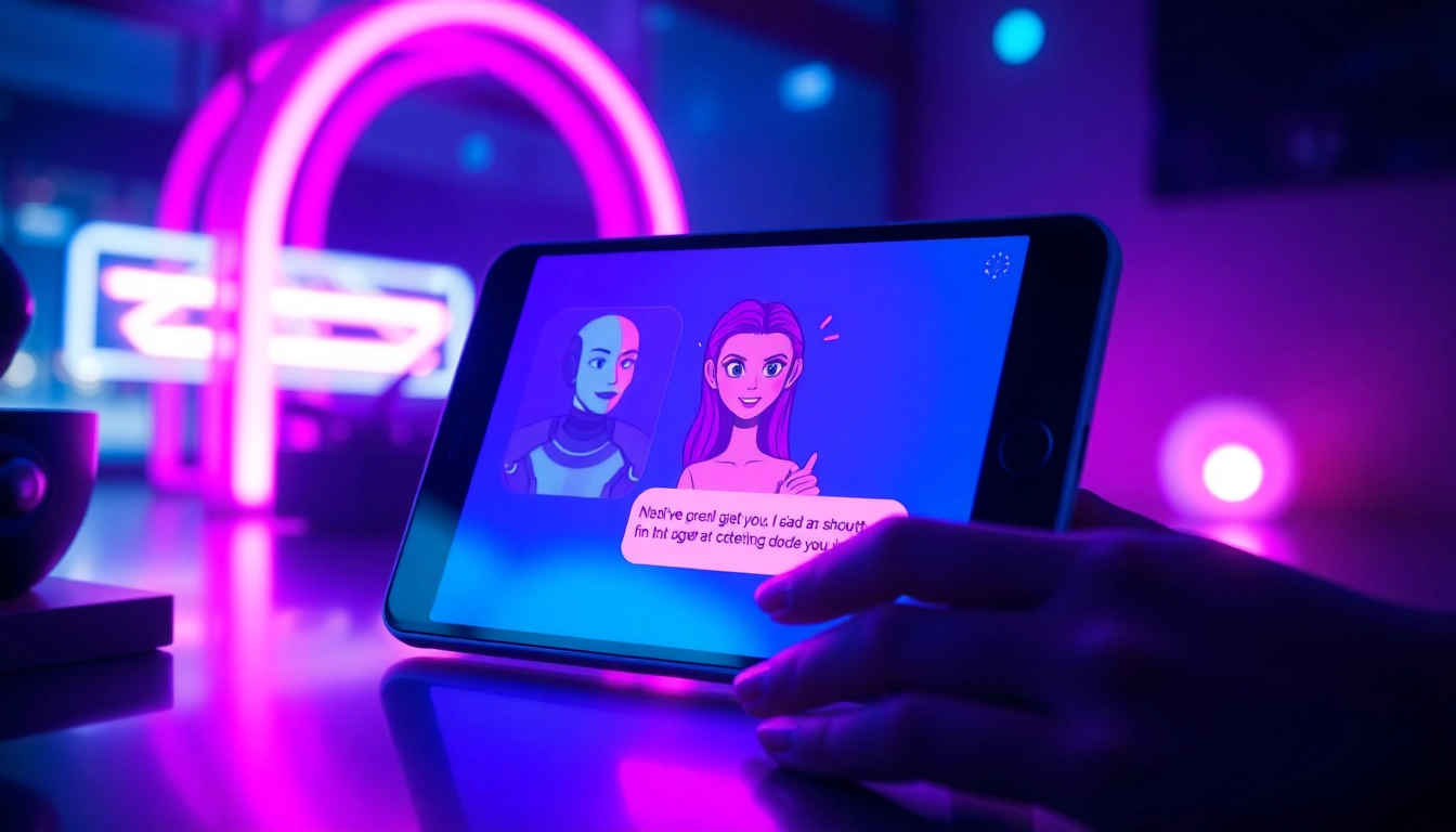 Close-up of a digital device displaying a provocative AI chatbot conversation with vibrant neon accents.