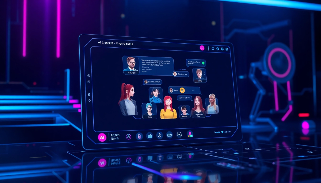 Futuristic digital chat interface with diverse AI characters engaging in conversation, glowing neon accents, and high-tech background.