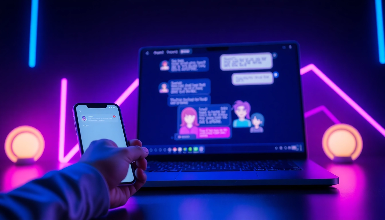 A digital interface with AI characters and chat bubbles on a dark, neon-lit background, showcasing an engaging AI chat experience.