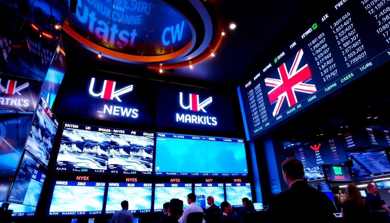 UK Stock Market News updates displayed on digital screens in a busy trading environment,