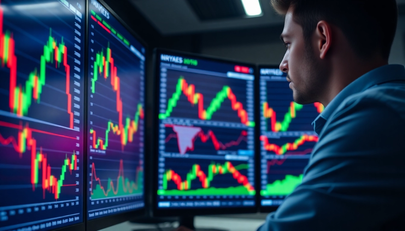 Cryptocurrency Trading News insights displayed on screens with a trader analyzing crypto market