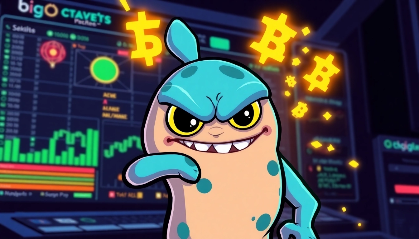 Staking Angry Pepe Dynamic cartoon Pepe character staking tokens in a vibrant crypto environment