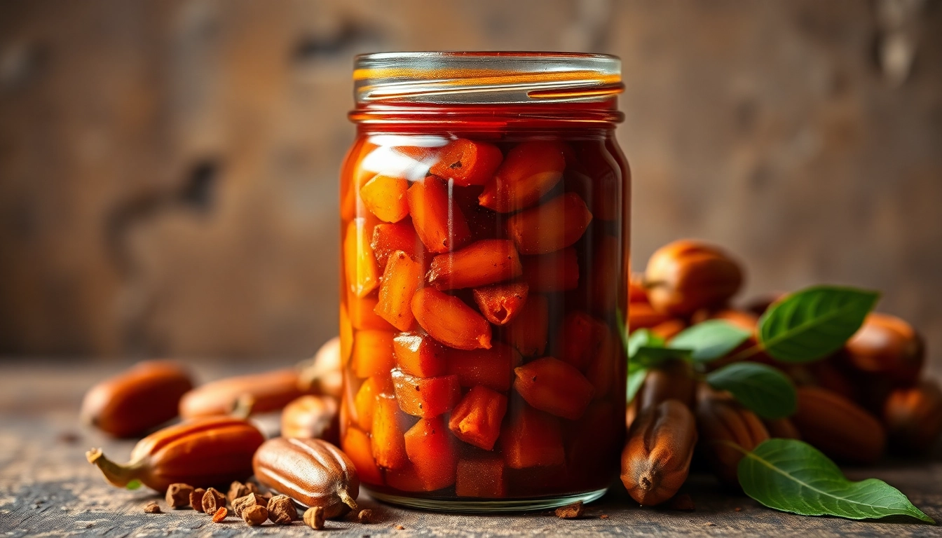 Tamarind Concentrate jar surrounded by fresh tamarind pods and spices, emphasizing authentic flavor